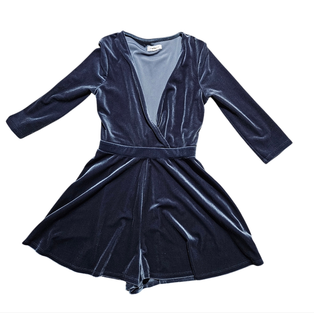 Silence + Noise Green Dusty Blue Velvet Velour Romper 3/4 Sleeve Deep Plunge XS